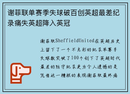 谢菲联单赛季失球破百创英超最差纪录痛失英超降入英冠