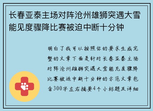 长春亚泰主场对阵沧州雄狮突遇大雪能见度骤降比赛被迫中断十分钟